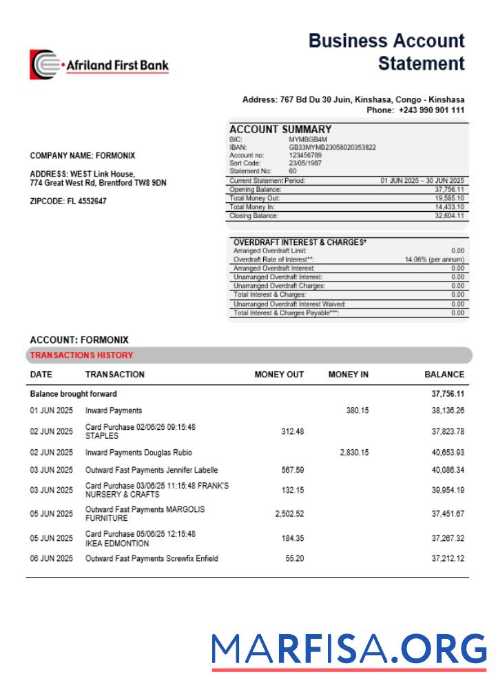 Kongo Afriland First Bank Geschäft firm Konto Bank Kontoauszug Word and PDF Format Vorschau