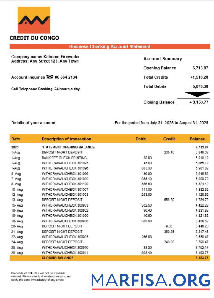 Bearbeitbar Kongo Kredit du Kongo Bank Geschäft Konto Kontoauszug Word and PDF Vorlage