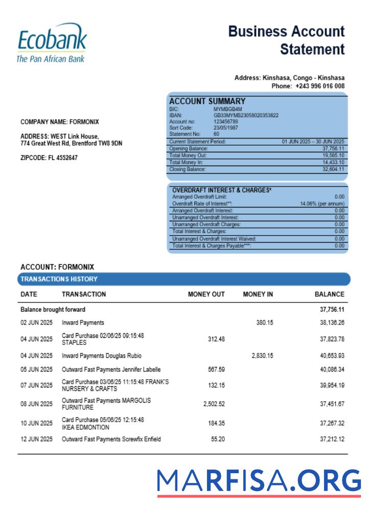 Professionell Kongo Ecobank firm Konto Kontoauszug Word and PDF Vorlage