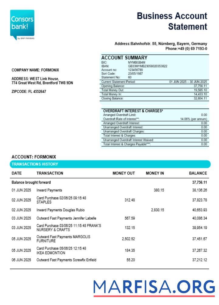 Consorsbank Geschäft organization checking Kontoauszug Word and PDF Format Vorschau