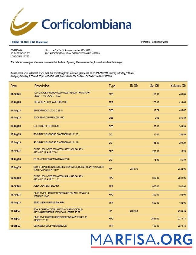 Premium Corficolombiana Bank Geschäft checking Konto Kontoauszug Word and PDF Vorlage