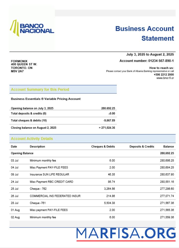 Costa Rican Banco Nacional de Costa Rican Geschäft Bank Unternehmen Konto Kontoauszug Word and PDF Format Probe