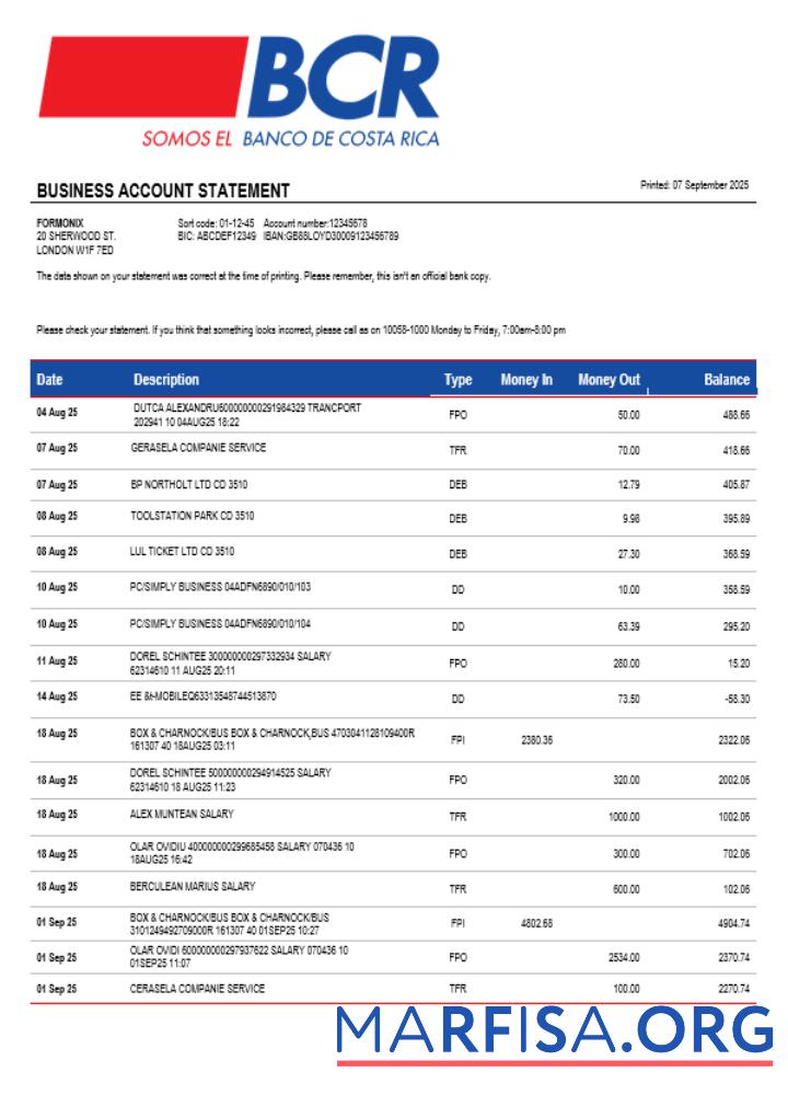 Costa Rican The Bank of Costa Rican Bank organization checking Konto Kontoauszug Word and PDF Format Vorschau