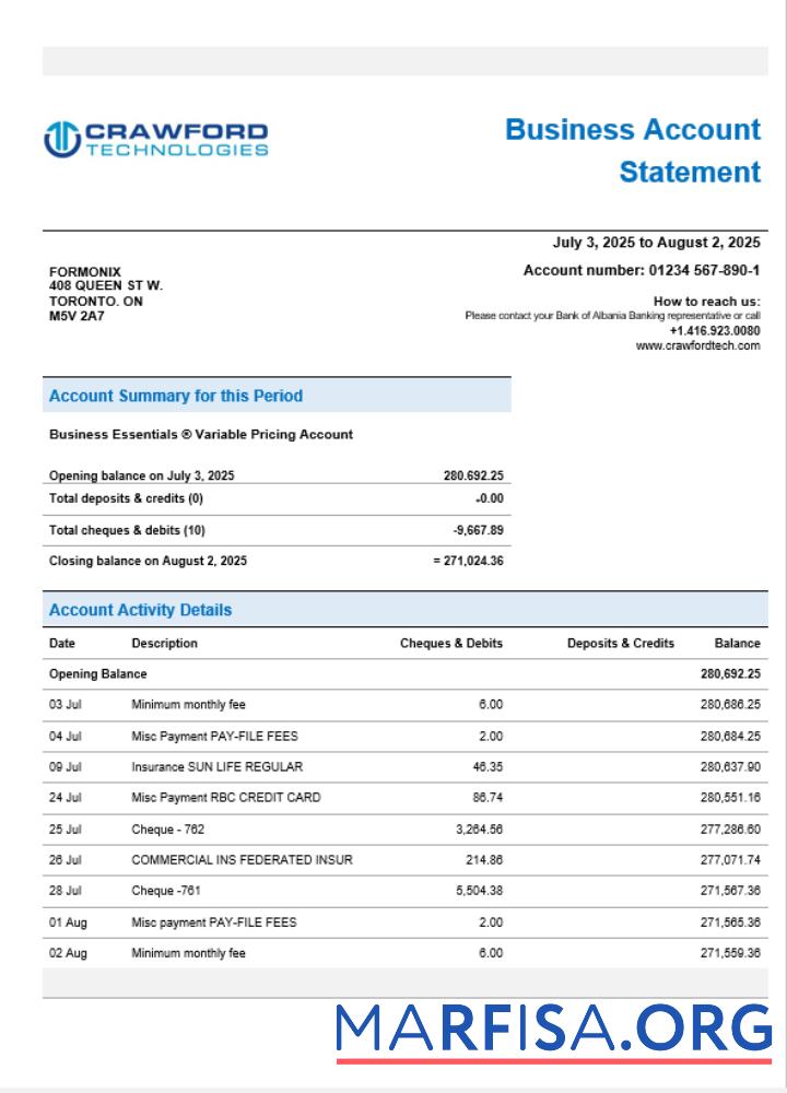 CrawfordTech Geschäft Bank Kontoauszug Word and PDF Format Vorlage