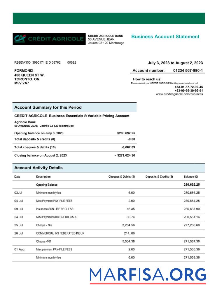 Realistisch Kredit Agricole Bank enterprise checking Konto Kontoauszug Word and PDF Vorlage