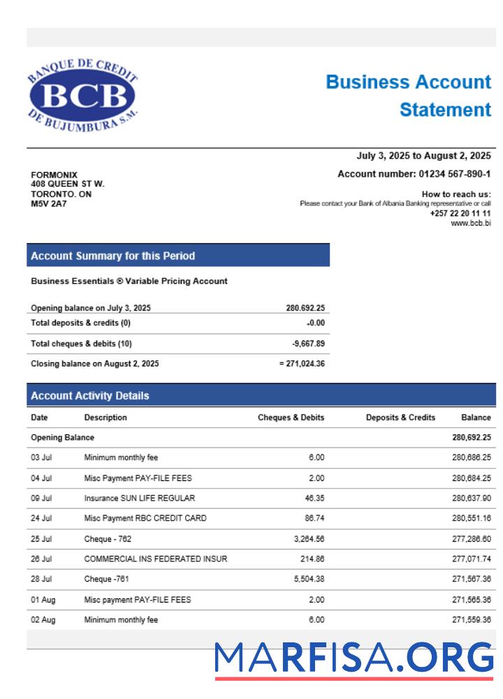 Hohe Qualität Kredit Bank of Bujumbura enterprise Konto Kontoauszug Word and PDF Vorlage