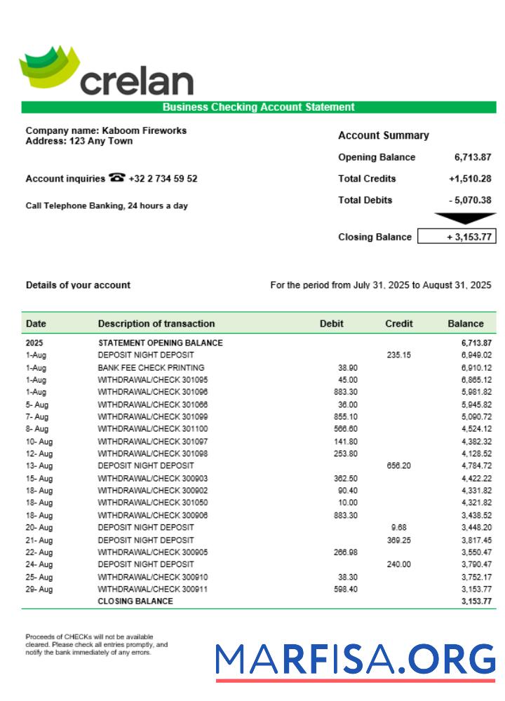 Crelan Bank Unternehmen checking Konto Kontoauszug Word and PDF Format Vorschau