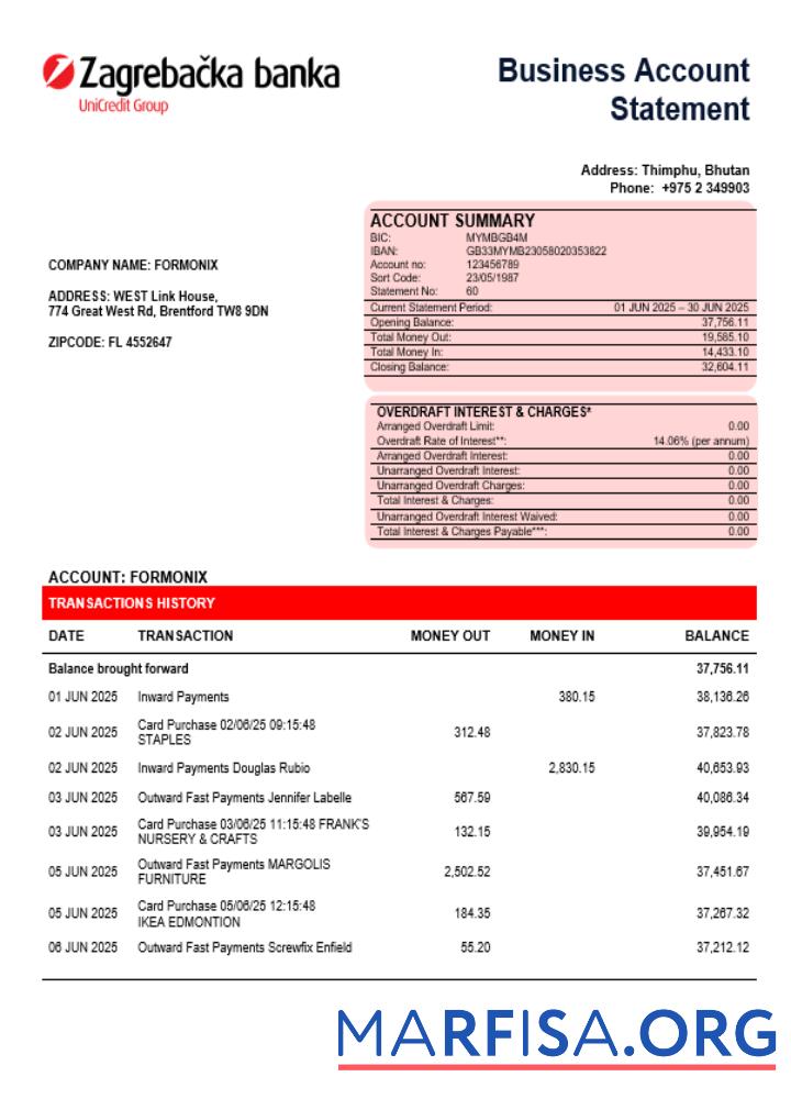 Croatian Zagrebac╠îka Bank Geschäft firm Konto Kontoauszug Word snd PDF Format Probe
