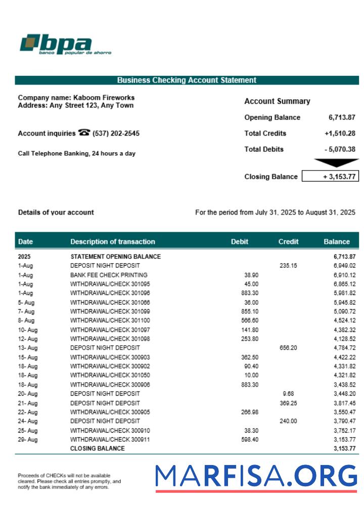 Kuba Banco Popular de Ahorro (BPA) Unternehmen Kontoauszug Word and PDF Format Probe