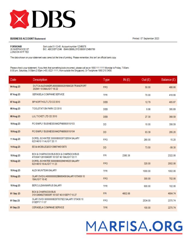 Professionell DBS Bank organization checking Konto Kontoauszug Word and PDF Vorlage