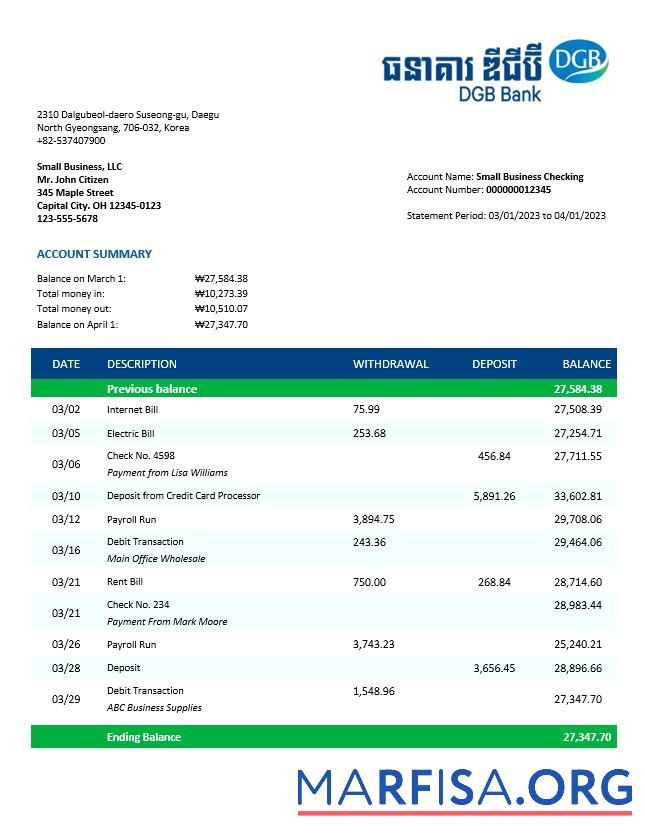 Hohe Qualität DGB Financial Group Geschäft Bank Kontoauszug Word and PDF Vorlage