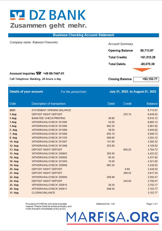 Hohe Qualität DZ Bank organization Kontoauszug Word and PDF Vorlage