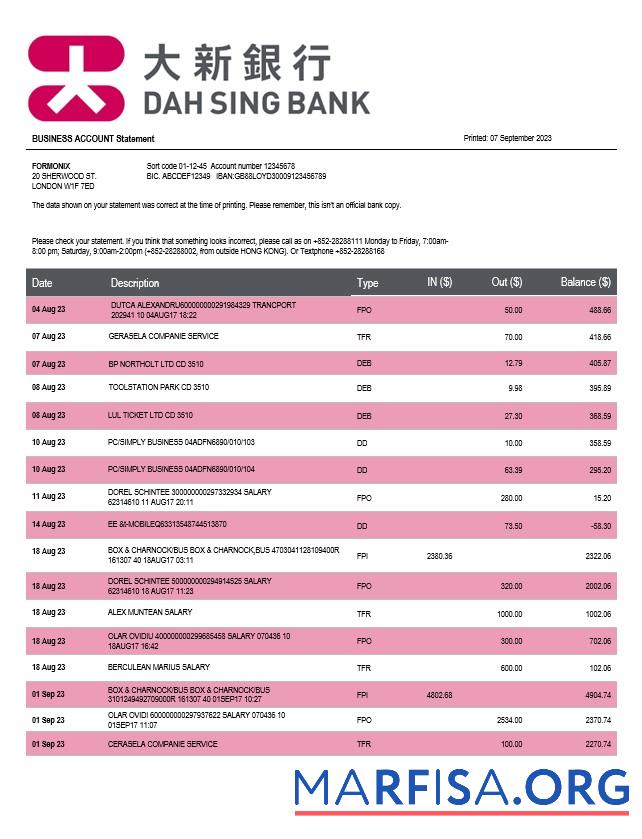 Bearbeitbar Dah Sing Bank Unternehmen checking Konto Kontoauszug Word and PDF Vorlage