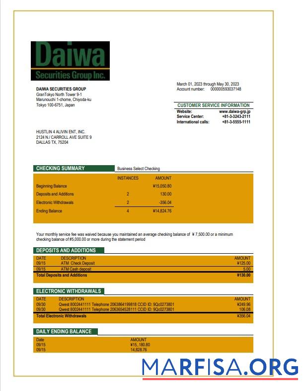 Professionell Daiwa Securities Group Geschäft Bank Kontoauszug Word and PDF Vorlage