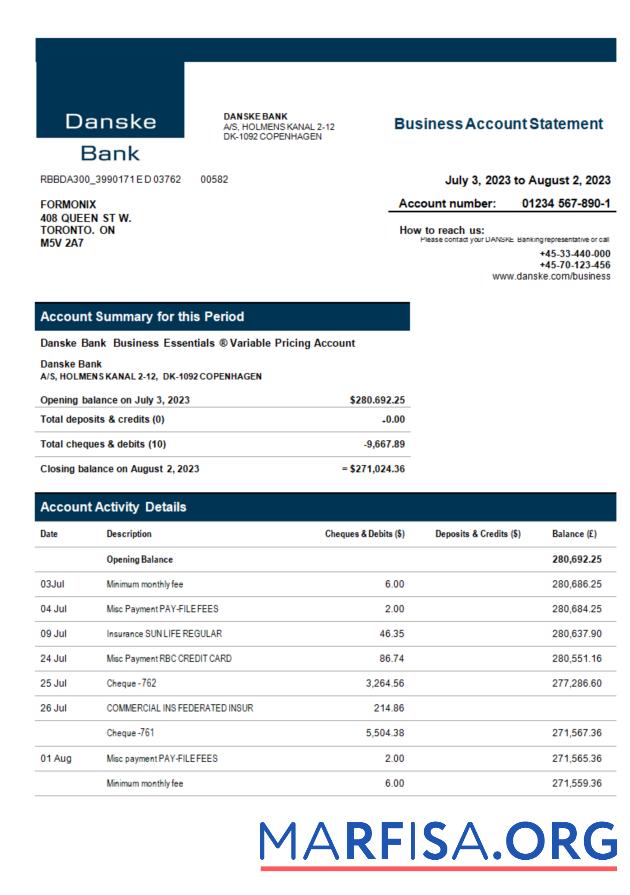 Realistisch Danske Bank enterprise Kontoauszug Word and PDF Vorlage