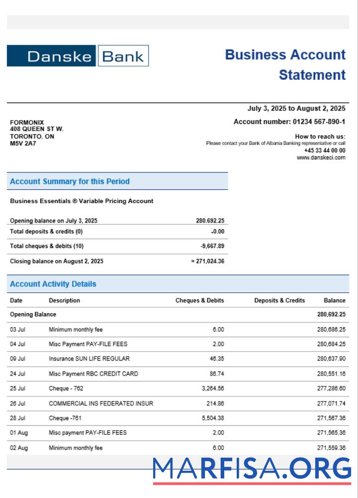Danskebank Geschäft organization checking Kontoauszug Word and PDF Format Mockup