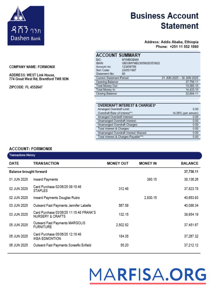 Dashen Bank Unternehmen Kontoauszug Word and PDF Format Mockup