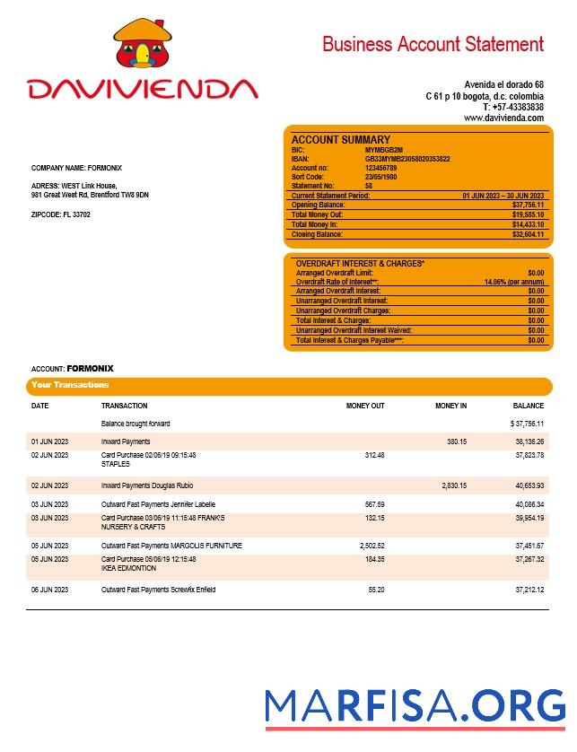 Premium Davivienda Bank Unternehmen checking Konto Kontoauszug Word and PDF Vorlage