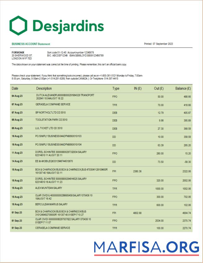 Professionell Desjardins Bank corporate checking Konto Kontoauszug Word and PDF Vorlage