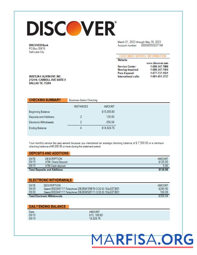 Premium Discover Bank Geschäft Kontoauszug Word and PDF Vorlage