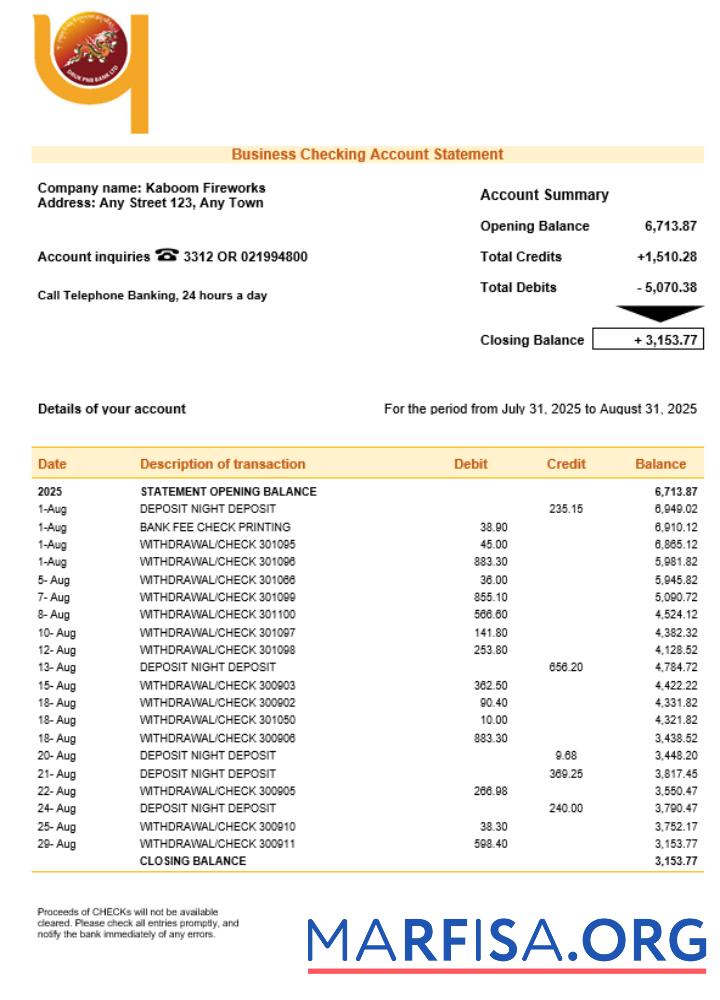 Professionell Druk PNB Bank firm Konto Kontoauszug Word and PDF Vorlage