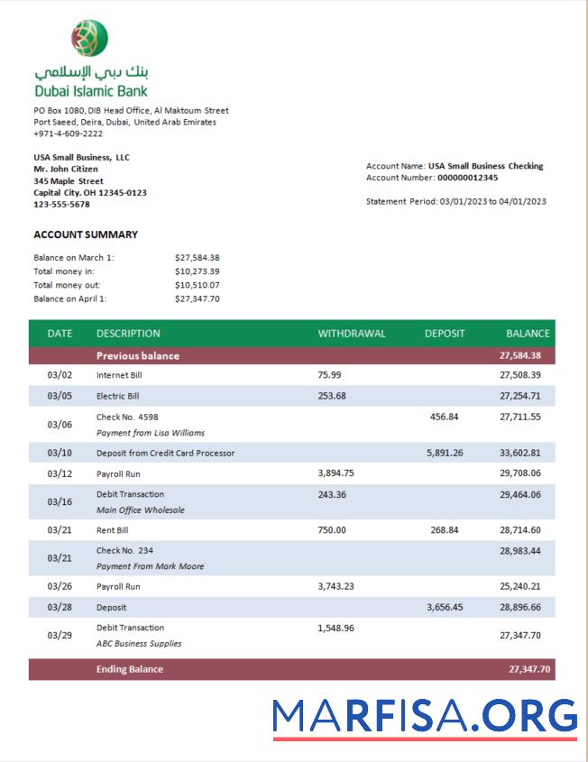 Professionell Dubai Islamic Bank enterprise Kontoauszug Word and PDF Vorlage
