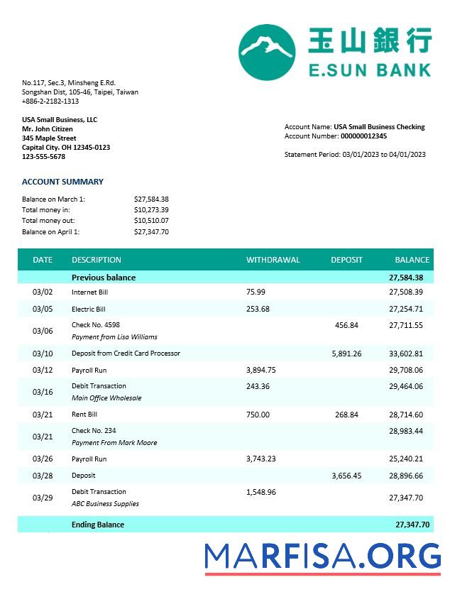 Bearbeitbar E.SUN Kommerziell Bank Geschäft Kontoauszug Word and PDF Vorlage