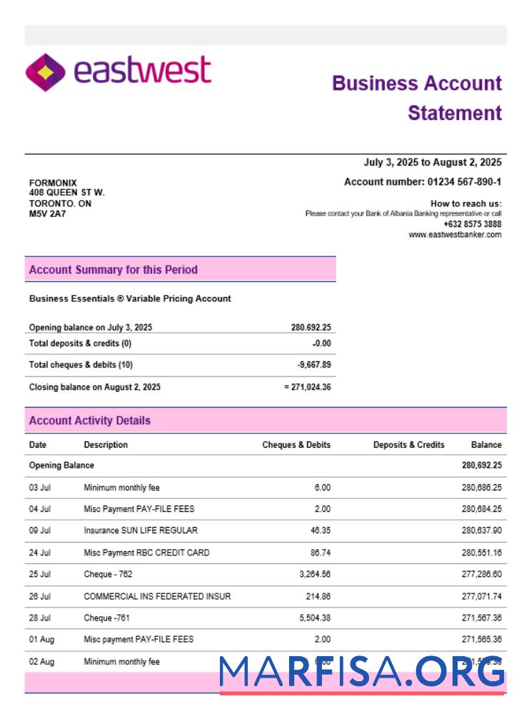 EastWest Geschäft firm Konto Kontoauszug Word snd PDF Format Probe