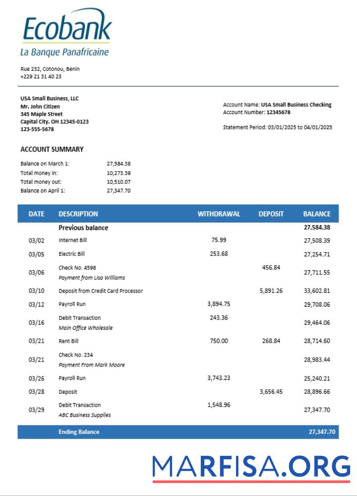 Ecobank enterprise Kontoauszug Word and PDF Format Vorschau