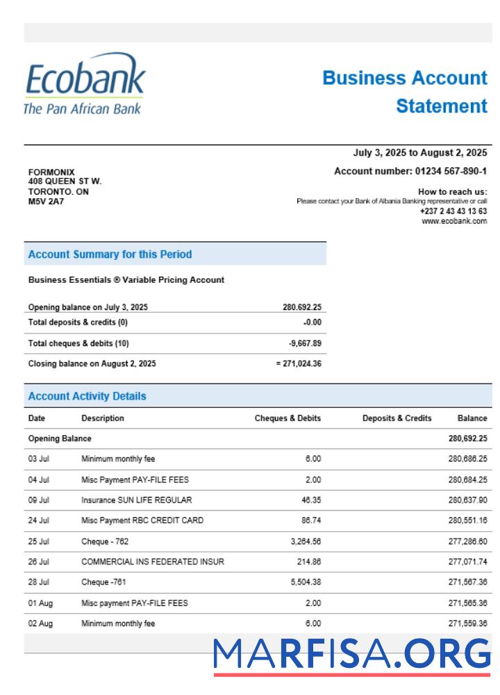 Ecobank organization checking Konto Kontoauszug Word and PDF Format Vorschau