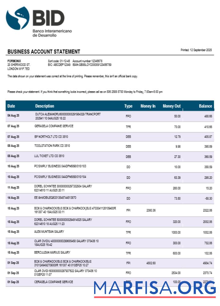 Ecuador Banco Interamericano de Desarrollo (BID) firm Konto Kontoauszug Word and PDF Format Vorschau