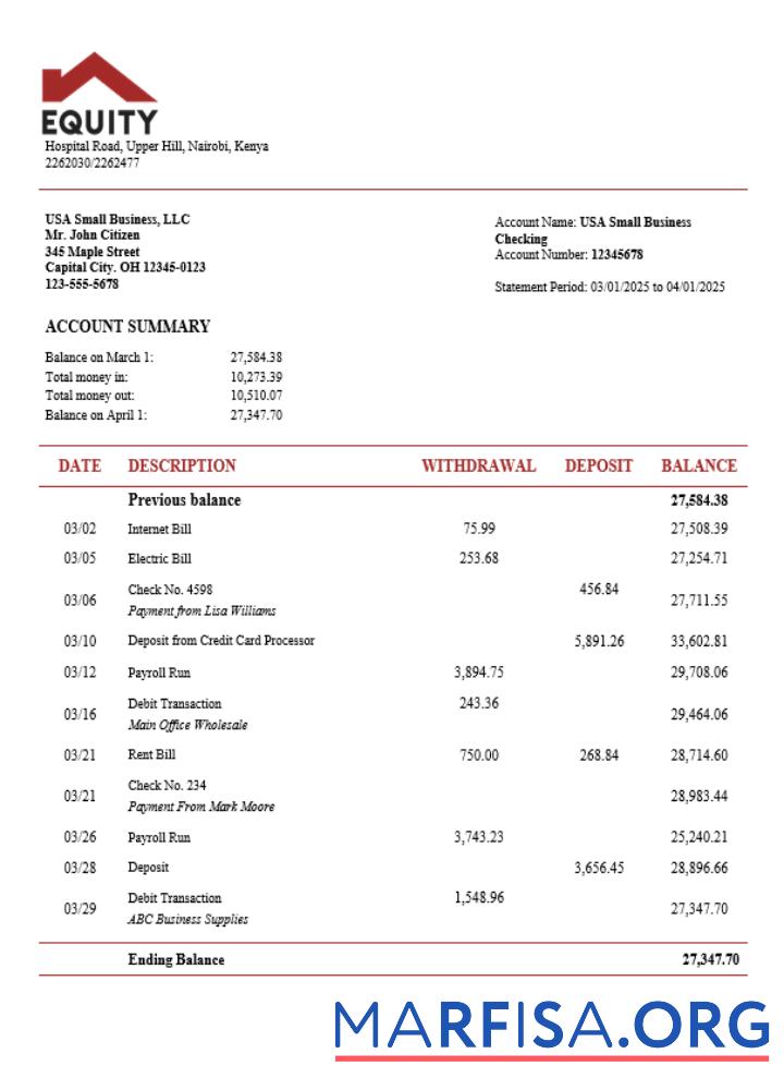 Equity Bank Geschäft firm Konto Kontoauszug Word snd PDF Format Probe