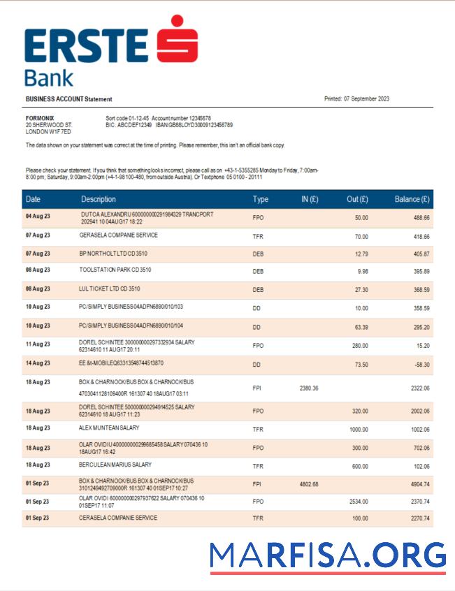 Bearbeitbar Erste Bank firm checking Konto Kontoauszug Word and PDF Vorlage