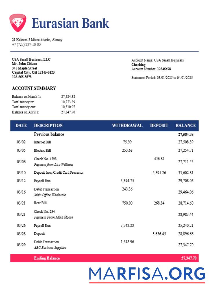 Eurasian Bank Geschäft Bank Kontoauszug Word and PDF Format Vorschau
