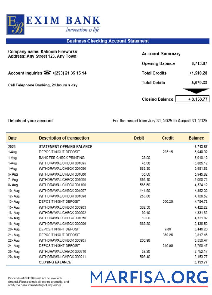 Professionell Exim Bank Geschäft Konto Kontoauszug Word and PDF Vorlage