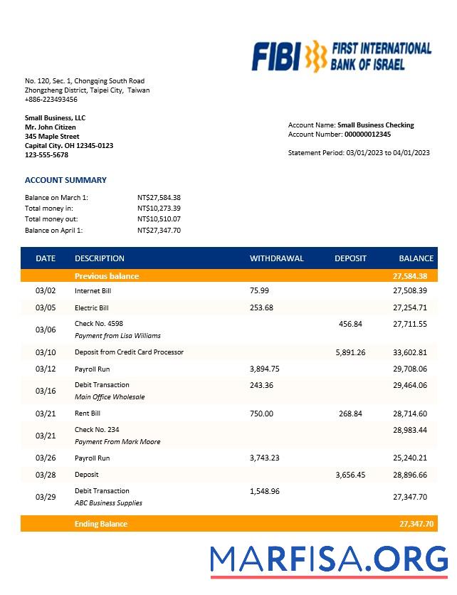 FIBI Bank enterprise Konto Kontoauszug Word and PDF templat Vorlage