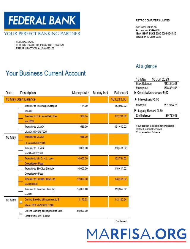 Hohe Qualität Federal Bank Unternehmen Konto Kontoauszug Word and PDF Vorlage