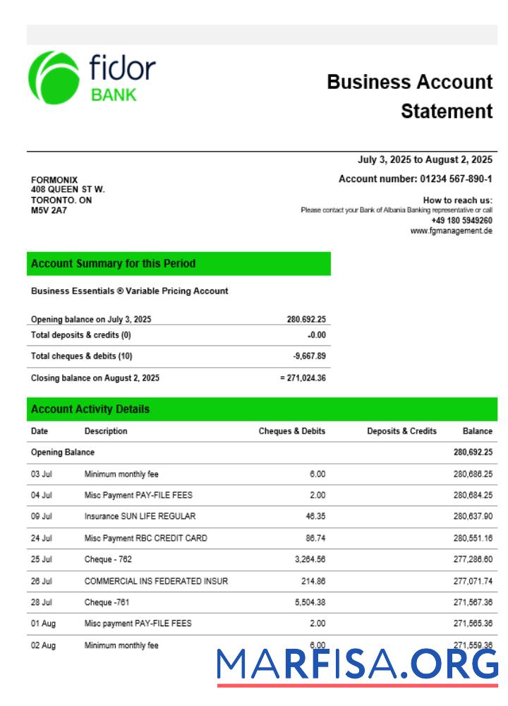 Fidor Bank Geschäft firm Konto Kontoauszug Word snd PDF Format Mockup