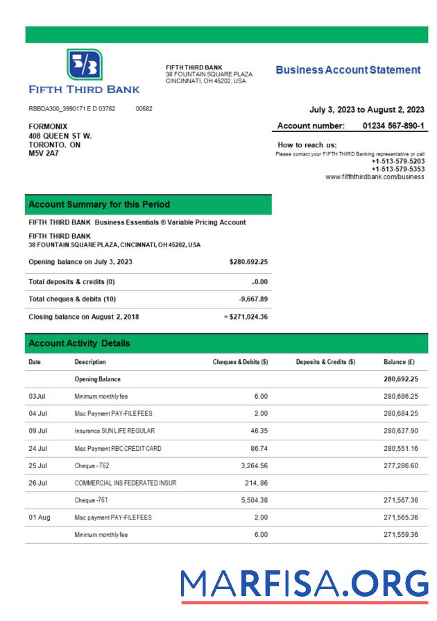 Professionell Fifth Third Bank Geschäft Bank Kontoauszug Word and PDF Vorlage