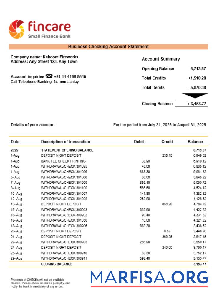 Fincare Geschäft firm Konto Bank Kontoauszug Word and PDF Format Vorlage