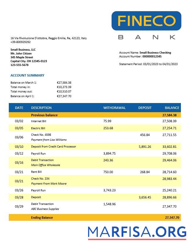 Realistisch Finecobank Unternehmen Konto Kontoauszug Word and PDF Vorlage