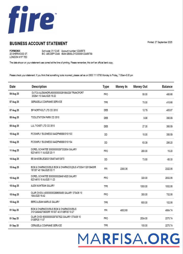 Fire Financial Services Limited enterprise Kontoauszug Word and PDF Format Vorschau