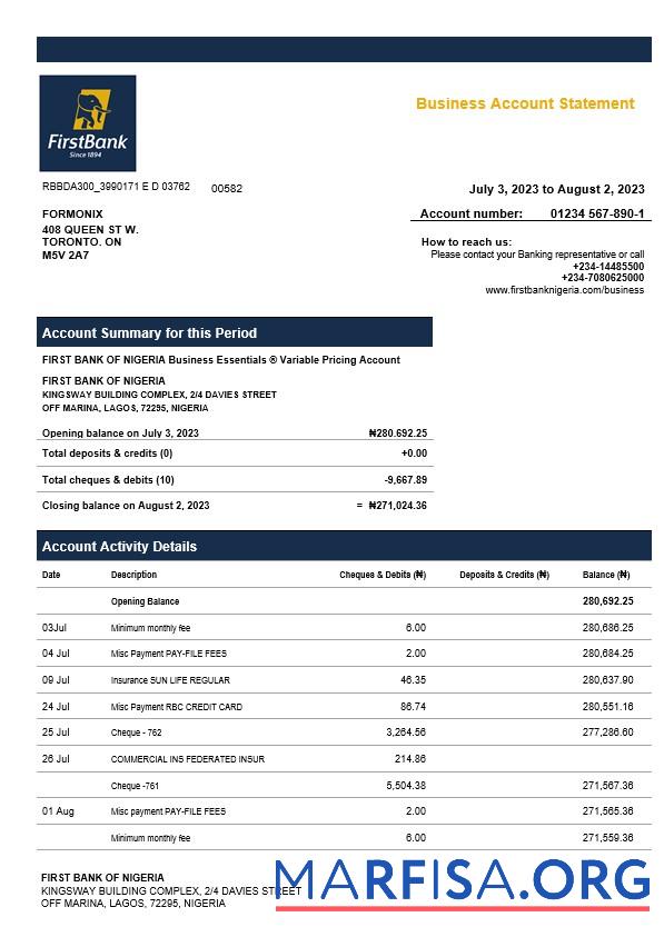Professionell First Bank of Nigeria firm Konto Kontoauszug Word and PDF Vorlage
