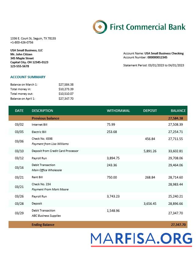 Professionell First Kommerziell Bank Unternehmen Kontoauszug Word and PDF Vorlage