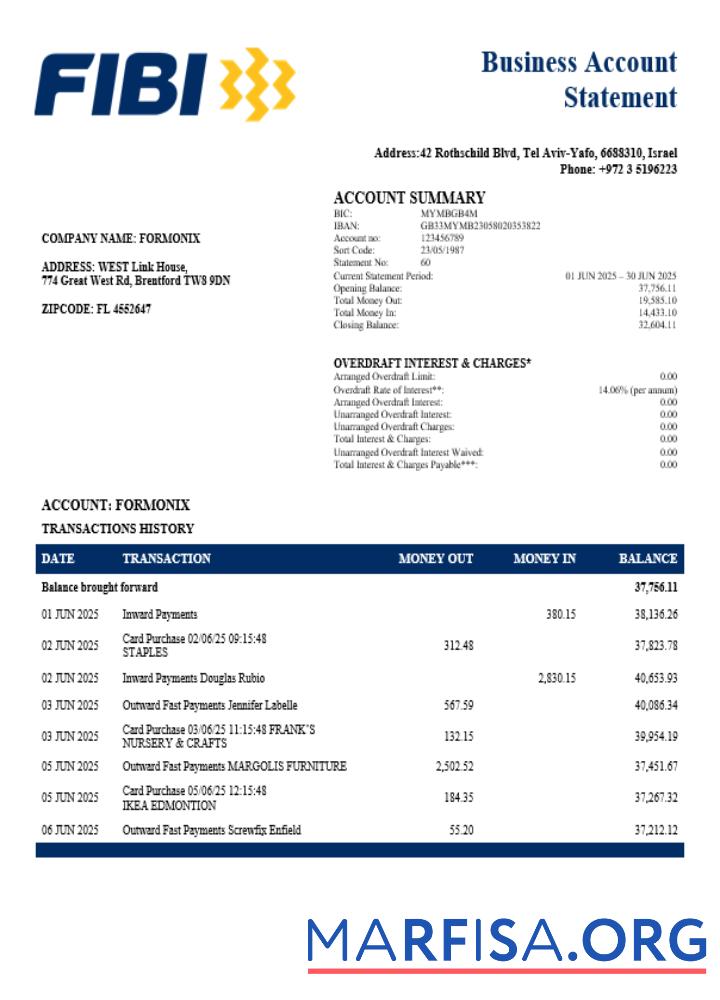 Premium First International Bank of Israeli Unternehmen checking Konto Kontoauszug Word and PDF Vorlage