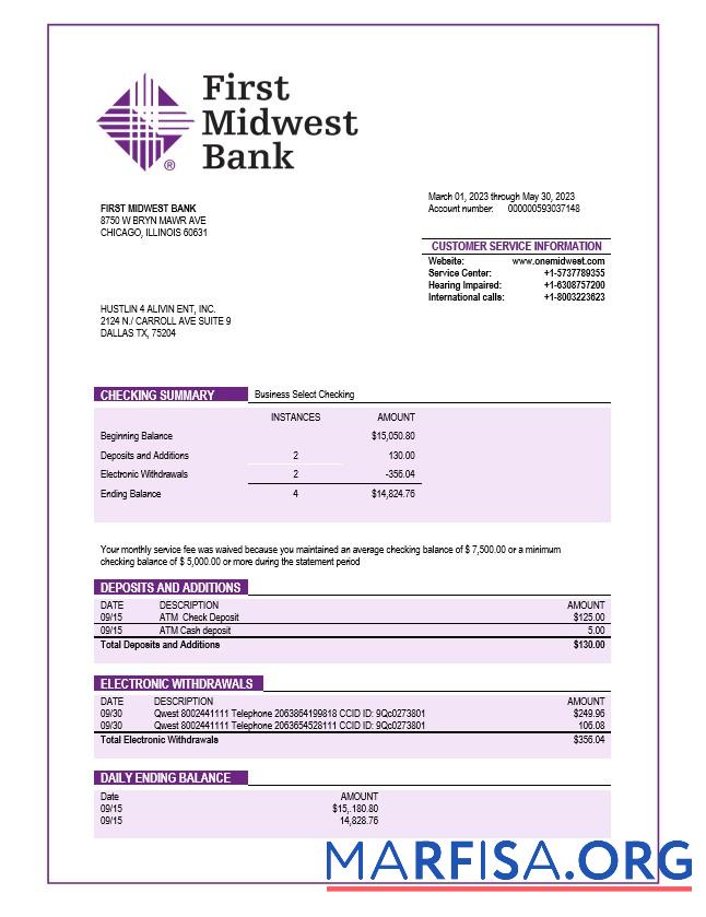 Hohe Qualität First Midwest Bank Unternehmen Konto Kontoauszug Word and PDF Vorlage