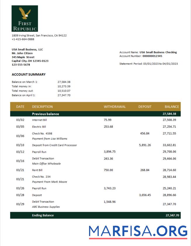 Premium First Republic Bank enterprise Kontoauszug Word and PDF Vorlage