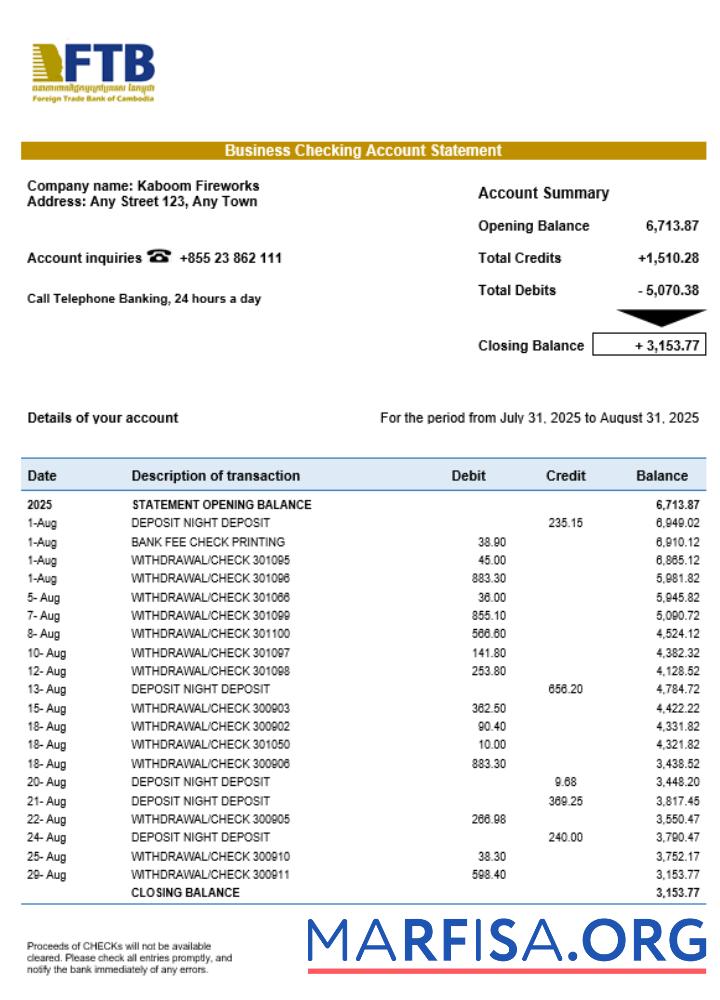 Foreign Trade Bank of Cambodian Geschäft Bank Kontoauszug Word and PDF Format Probe