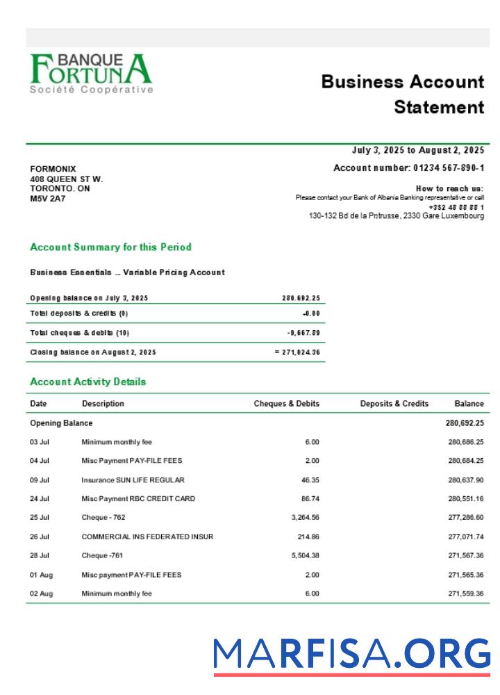 Fortuna Banque Geschäft firm Kontoauszug Word and PDF Format (1) Design