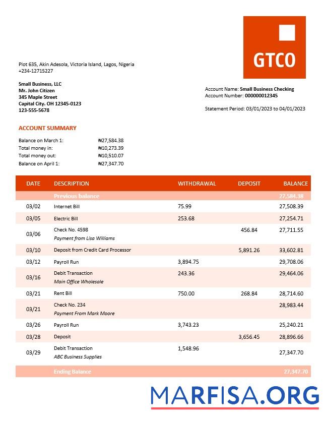 Hohe Qualität GT Bank organization checking Konto Kontoauszug Word and PDF Vorlage